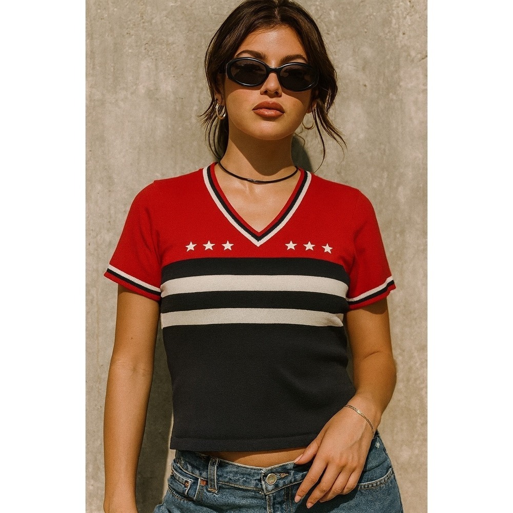 Vintage V-Neck Sweater Top Small Red Blue Short Sleeve Stars Stripes 90s Y2K